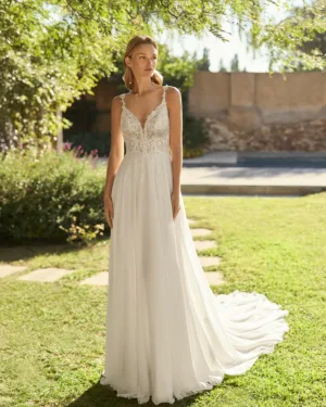 Vestido de novia de estilo romántico, fluido y sencillo.
