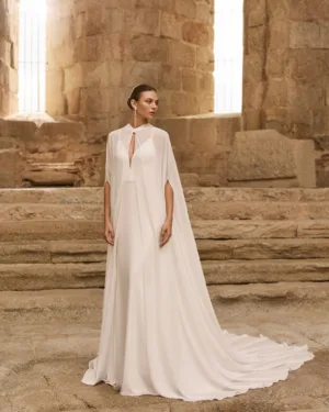Vestido de novia dos piezas de estilo sencillo y minimalista.